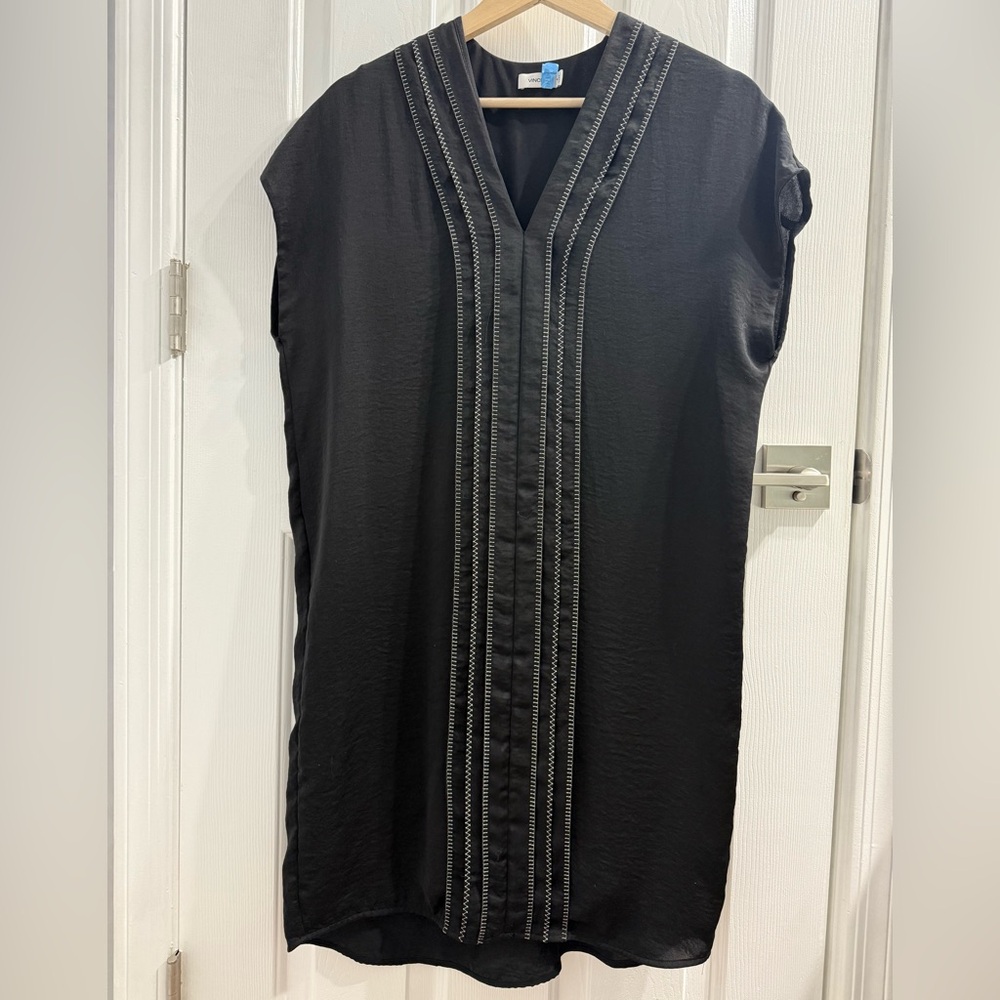 Vince Black Sleeveless Caftan Popover Dress with Embellished Trim